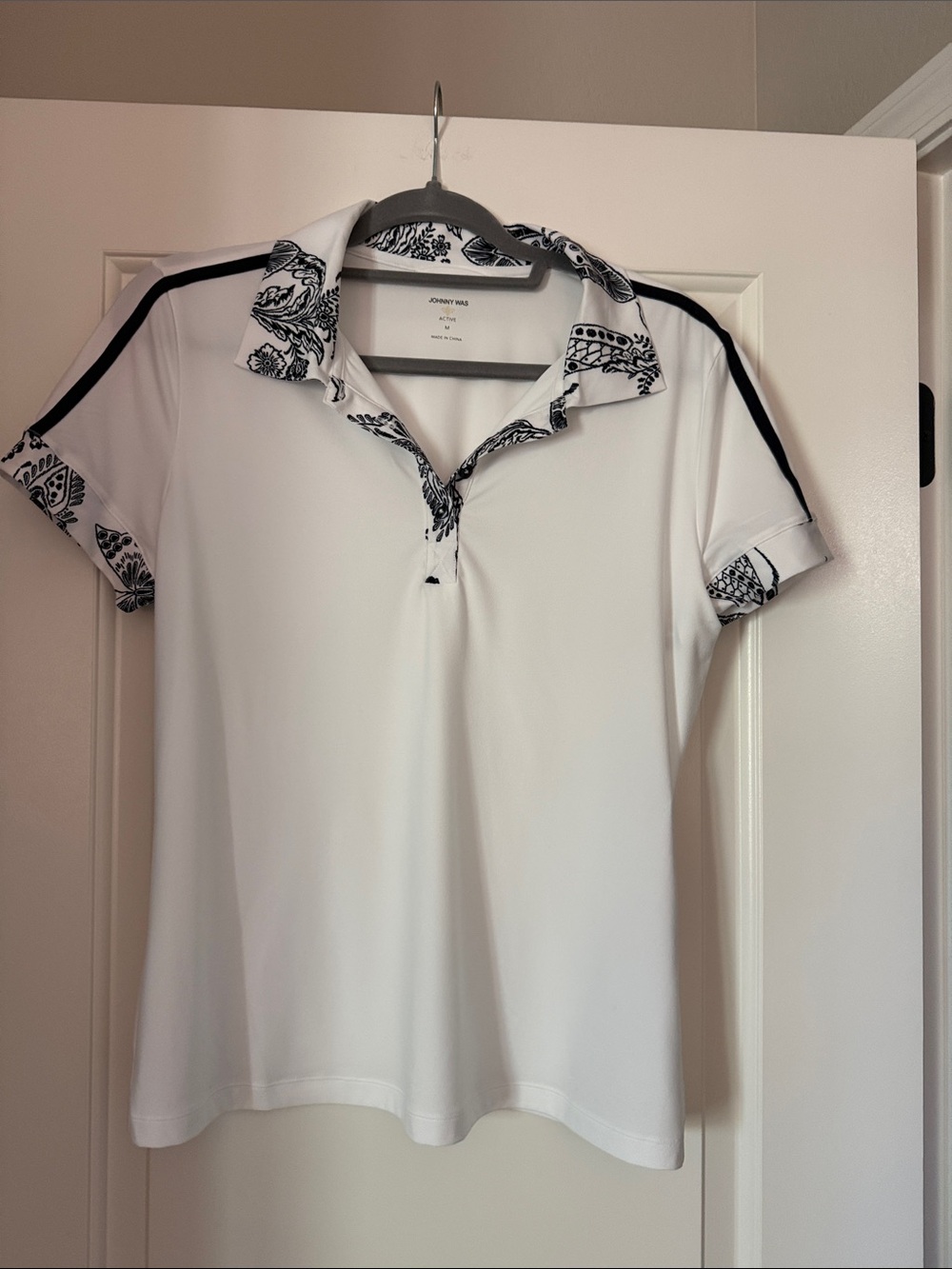 Johnny Was White Polo with Navy Floral Accents